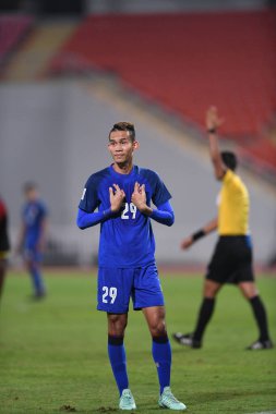 Bangkok-Tayland-9NOV2018: Tayland milli stadyumunda Timor leste ile Tayland arasındaki AFF Suzuki Kupası 2018 maçında Sanrawat dechmitr Tayland dechmitr oyuncusu