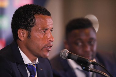 Buriram-Tayland-5Jun2019: Curacao basın toplantısının koçu Remko bicentini Hindistan 3-1 Turnuva Kralları Kupası 2019 'u Chang Arena, Buriram, Tayland' da kazandıktan sonra