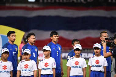 Bangkok-Tayland-9NOV2018: Tayland milli stadyumunda Timor leste ile Tayland arasındaki AFF Suzuki Kupası 2018 'de Adisak kraisorn oyuncusu eylemde