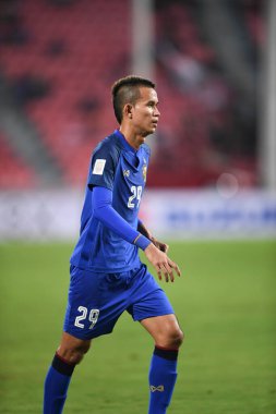 Bangkok-Tayland-9NOV2018: Tayland milli stadyumunda Timor leste ile Tayland arasındaki AFF Suzuki Kupası 2018 maçında Sanrawat dechmitr Tayland dechmitr oyuncusu