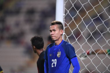 Bangkok-Tayland-9NOV2018: Tayland milli stadyumunda Timor leste ile Tayland arasındaki AFF Suzuki Kupası 2018 maçında Sanrawat dechmitr Tayland dechmitr oyuncusu