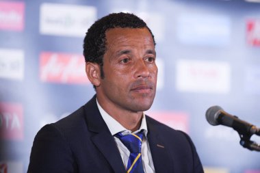 Buriram-Tayland-5Jun2019: Curacao basın toplantısının koçu Remko bicentini Hindistan 3-1 Turnuva Kralları Kupası 2019 'u Chang Arena, Buriram, Tayland' da kazandıktan sonra