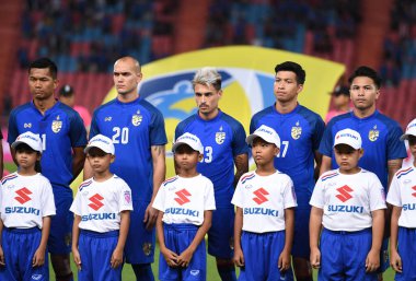 Bangkok-Tayland-9NOV2018: Tayland Milli Stadyumu 'nda Tayland ile Tayland arasındaki AFF Suzuki Kupası 2018' de oynayan Phillip patenci