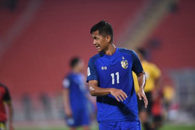 Bangkok-Tayland-9NOV2018: Tayland milli stadyumu Timor Leste karşısında Tayland AFF Suzuki Kupası 2018 'de Mongkol Tossakai oynuyordu