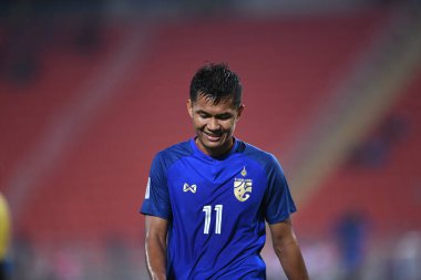Bangkok-Tayland-9NOV2018: Tayland milli stadyumu Timor Leste karşısında Tayland AFF Suzuki Kupası 2018 'de Mongkol Tossakai oynuyordu