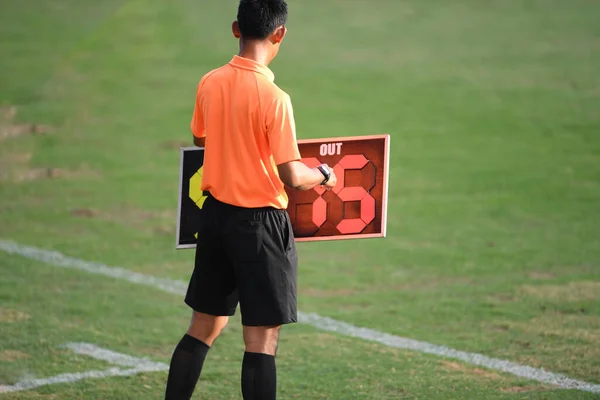 Assistant Referee Holding Substitution Board Selective Focus — Stock Photo, Image