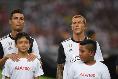 Kallang, Singapur - 21 Temmuz 2019: Juventus 'un oyuncusu Cristiano Ronaldo, Juventus ve Spurs arasında Singapur' daki ulusal stadyumda 2019 yılındaki eylemde.   