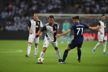 Kallang, Singapur - 21 Temmuz 2019: Juventus 'un oyuncusu, Juventus ve Spurs arasında Singapur' daki ulusal stadyumda 2019 yılındaki eylemde.  