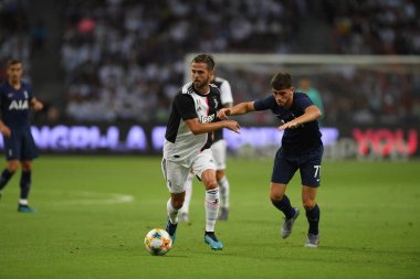 Kallang, Singapur - 21 Temmuz 2019: Juventus 'un oyuncusu, Juventus ve Spurs arasında Singapur' daki ulusal stadyumda 2019 yılındaki eylemde.  