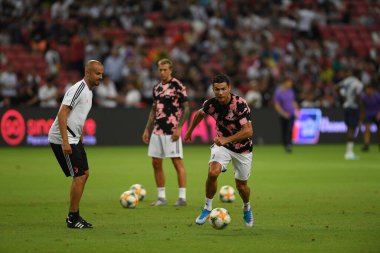 Kallang, Singapur - 21 Temmuz 2019: Juventus 'un oyuncusu Cristiano Ronaldo, Juventus ve Spurs arasında Singapur' daki ulusal stadyumda 2019 yılındaki eylemde.  