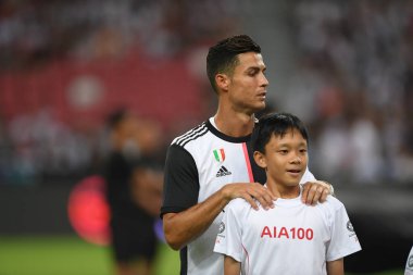 Kallang, Singapur - 21 Temmuz 2019: Juventus 'un oyuncusu Cristiano Ronaldo, Juventus ve Spurs arasında Singapur' daki ulusal stadyumda 2019 yılındaki eylemde.   