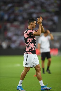 Kallang, Singapur - 21 Temmuz 2019: Juventus 'un oyuncusu Cristiano Ronaldo, Juventus ve Spurs arasında Singapur' daki ulusal stadyumda 2019 yılındaki eylemde.  