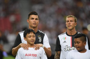 Kallang, Singapur - 21 Temmuz 2019: Juventus 'un oyuncusu Cristiano Ronaldo, Juventus ve Spurs arasında Singapur' daki ulusal stadyumda 2019 yılındaki eylemde.  