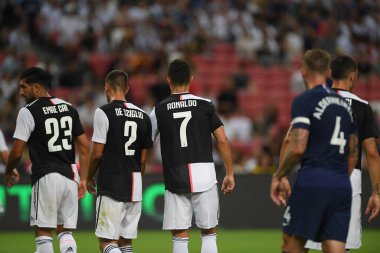 Kallang, Singapur - 21 Temmuz 2019: Juventus 'un Cristiano Ronaldo oyuncusu, Juventus ile Tottenham Hotspur arasında 2019 yılında Singapur' un başkenti Singapur 'da görev yaptı.