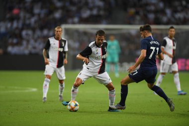 Kallang, Singapur - 21 Temmuz 2019: Juventus 'un oyuncusu, Juventus ve Spur arasında Singapur' daki ulusal stadyumda 2019 yılındaki eylemde.