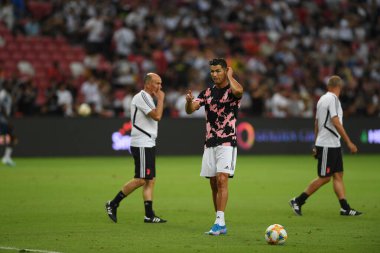 Kallang, Singapur - 21 Temmuz 2019: Juventus 'un Cristiano Ronaldo oyuncusu, Juventus ile Tottenham Hotspur arasında 2019 yılında Singapur' un başkenti Singapur 'da görev yaptı.