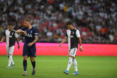 Kallang, Singapur - 21 Temmuz 2019: Juventus 'un Cristiano Ronaldo oyuncusu, Juventus ile Tottenham Hotspur arasında 2019 yılında Singapur' un başkenti Singapur 'da görev yaptı.