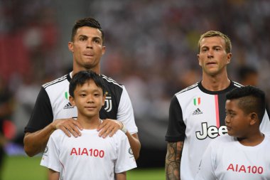 Kallang, Singapur - 21 Temmuz 2019: Juventus 'un Cristiano Ronaldo oyuncusu, Juventus ile Tottenham Hotspur arasında 2019 yılında Singapur' un başkenti Singapur 'da görev yaptı.