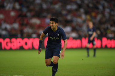 Kallang, Singapur - 21 Temmuz 2019: Heung-Min Oğlu # 7 Tottenham hotspur oyuncusu Juventus ve Tottenham Hotspur arasında ulusal stadyumda 2019 yılında eylem halindedir.