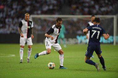 Kallang, Singapur - 21 Temmuz 2019: Juventus 'un oyuncusu, Juventus ve Spur arasında Singapur' daki ulusal stadyumda 2019 yılındaki eylemde.