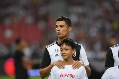 Kallang, Singapur - 21 Temmuz 2019: Juventus 'un Cristiano Ronaldo oyuncusu, Juventus ile Tottenham Hotspur arasında 2019 yılında Singapur' un başkenti Singapur 'da görev yaptı.