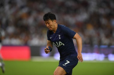 Kallang, Singapur - 21 Temmuz 2019: Heung-Min Oğlu # 7 Tottenham hotspur oyuncusu Juventus ve Tottenham Hotspur arasında ulusal stadyumda 2019 yılında eylem halindedir.