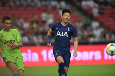 Kallang, Singapur - 21 Temmuz 2019: Heung-Min-Son Tottenham hotspur oyuncusu 2019 yılında Juventus ve Tottenham Hotspur arasında ulusal stadyumda görev yaptı.