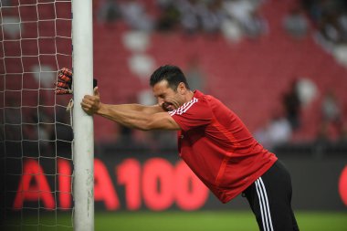 Kallang, Singapur - 21 Temmuz 2019: Juventus 'un Gianluigi Buffon oyuncusu Juventus ile Tottenham Hotspur arasında ulusal stadyum, Singapur
