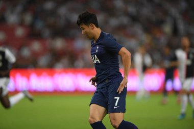 Kallang, Singapur - 21 Temmuz 2019: Heung-Min Oğlu # 7 Tottenham hotspur oyuncusu Juventus ve Tottenham Hotspur arasında ulusal stadyumda 2019 yılında eylem halindedir.
