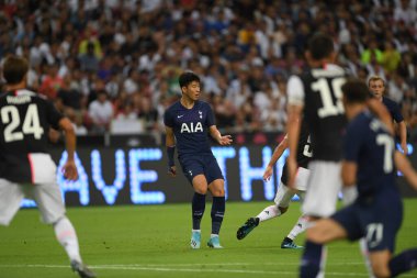 Kallang, Singapur - 21 Temmuz 2019: Heung-Min Oğlu # 7 Tottenham hotspur oyuncusu Juventus ve Tottenham Hotspur arasında ulusal stadyumda 2019 yılında eylem halindedir.