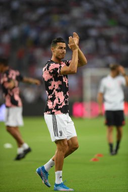 Kallang, Singapur - 21 Temmuz 2019: Juventus 'un Cristiano Ronaldo oyuncusu, Juventus ile Tottenham Hotspur arasında 2019 yılında Singapur' un başkenti Singapur 'da görev yaptı.