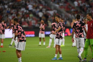 Kallang, Singapur - 21 Temmuz 2019: Juventus 'un Cristiano Ronaldo oyuncusu, Juventus ile Tottenham Hotspur arasında 2019 yılında Singapur' un başkenti Singapur 'da görev yaptı.