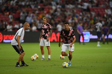 Kallang, Singapur - 21 Temmuz 2019: Juventus 'un Cristiano Ronaldo oyuncusu, Juventus ile Tottenham Hotspur arasında 2019 yılında Singapur' un başkenti Singapur 'da görev yaptı.