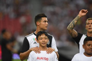 Kallang, Singapur - 21 Temmuz 2019: Juventus 'un Cristiano Ronaldo oyuncusu, Juventus ile Tottenham Hotspur arasında 2019 yılında Singapur' un başkenti Singapur 'da görev yaptı.