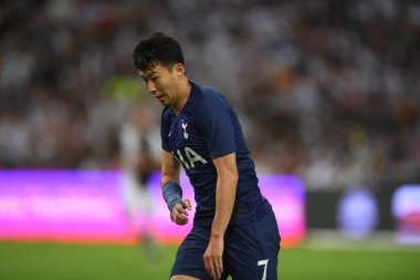 Kallang, Singapur - 21 Temmuz 2019: Heung-Min Oğlu # 7 Tottenham hotspur oyuncusu Juventus ve Tottenham Hotspur arasında ulusal stadyumda 2019 yılında eylem halindedir.