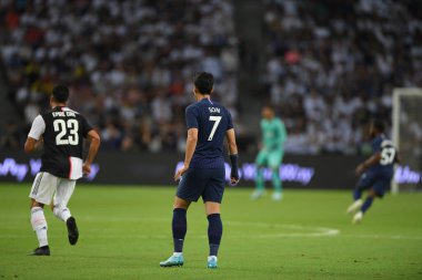 Kallang, Singapur - 21 Temmuz 2019: Heung-Min Oğlu # 7 Tottenham hotspur oyuncusu Juventus ve Tottenham Hotspur arasında ulusal stadyumda 2019 yılında eylem halindedir.