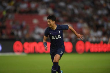Kallang, Singapur - 21 Temmuz 2019: Heung-Min Oğlu # 7 Tottenham hotspur oyuncusu Juventus ve Tottenham Hotspur arasında ulusal stadyumda 2019 yılında eylem halindedir.