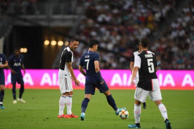 Kallang, Singapur - 21 Temmuz 2019: Heung-Min Oğlu # 7 Tottenham hotspur oyuncusu Juventus ve Tottenham Hotspur arasında ulusal stadyumda 2019 yılında eylem halindedir.
