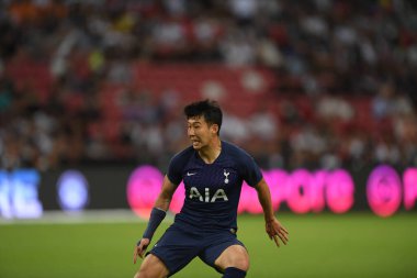 Kallang, Singapur - 21 Temmuz 2019: Heung-Min Oğlu # 7 Tottenham hotspur oyuncusu Juventus ve Tottenham Hotspur arasında ulusal stadyumda 2019 yılında eylem halindedir.