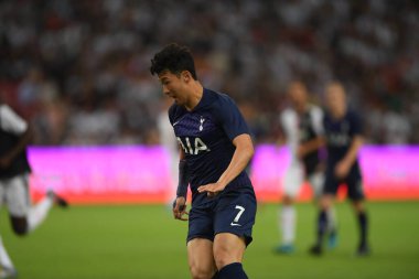 Kallang, Singapur - 21 Temmuz 2019: Heung-Min Oğlu # 7 Tottenham hotspur oyuncusu Juventus ve Tottenham Hotspur arasında ulusal stadyumda 2019 yılında eylem halindedir.