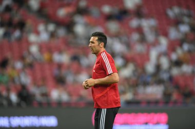 Kallang, Singapur - 21 Temmuz 2019: Juventus 'un Gianluigi Buffon oyuncusu Juventus ile Tottenham Hotspur arasında ulusal stadyum, Singapur