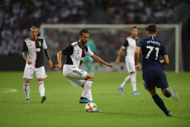 Kallang, Singapur - 21 Temmuz 2019: Juventus 'un oyuncusu, Juventus ve Spur arasında Singapur' daki ulusal stadyumda 2019 yılındaki eylemde.