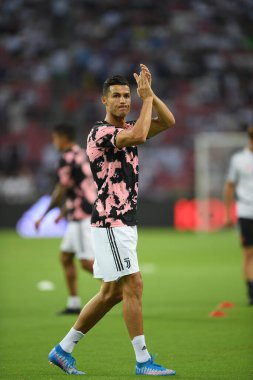 Kallang, Singapur - 21 Temmuz 2019: Juventus 'un Cristiano Ronaldo oyuncusu, Juventus ile Tottenham Hotspur arasında 2019 yılında Singapur' un başkenti Singapur 'da görev yaptı.