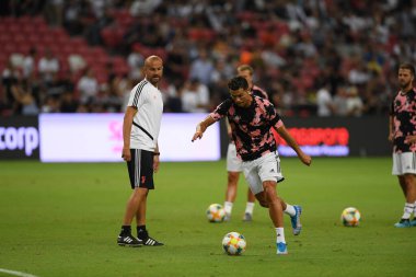 Kallang, Singapur - 21 Temmuz 2019: Juventus 'un Cristiano Ronaldo oyuncusu, Juventus ile Tottenham Hotspur arasında 2019 yılında Singapur' un başkenti Singapur 'da görev yaptı.