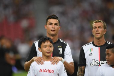 Kallang, Singapur - 21 Temmuz 2019: Juventus 'un Cristiano Ronaldo oyuncusu, Juventus ile Tottenham Hotspur arasında 2019 yılında Singapur' un başkenti Singapur 'da görev yaptı.