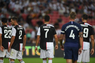 Kallang, Singapur - 21 Temmuz 2019: Juventus 'un Cristiano Ronaldo oyuncusu, Juventus ile Tottenham Hotspur arasında 2019 yılında Singapur' un başkenti Singapur 'da görev yaptı.