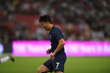 Kallang, Singapur - 21 Temmuz 2019: Heung-Min Oğlu # 7 Tottenham hotspur oyuncusu Juventus ve Tottenham Hotspur arasında ulusal stadyumda 2019 yılında eylem halindedir.