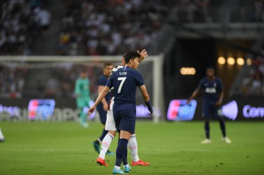 Kallang, Singapur - 21 Temmuz 2019: Heung-Min Oğlu # 7 Tottenham hotspur oyuncusu Juventus ve Tottenham Hotspur arasında ulusal stadyumda 2019 yılında eylem halindedir.