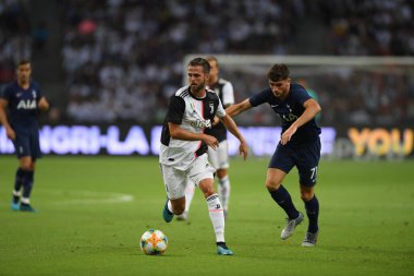 Kallang, Singapur - 21 Temmuz 2019: Juventus 'un oyuncusu, Juventus ve Spur arasında Singapur' daki ulusal stadyumda 2019 yılındaki eylemde.
