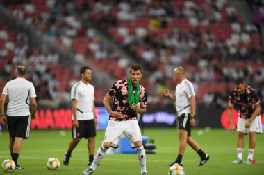 Kallang, Singapur - 21 Temmuz 2019: Juventus 'un Cristiano Ronaldo oyuncusu, Juventus ile Tottenham Hotspur arasında 2019 yılında Singapur' un başkenti Singapur 'da görev yaptı.